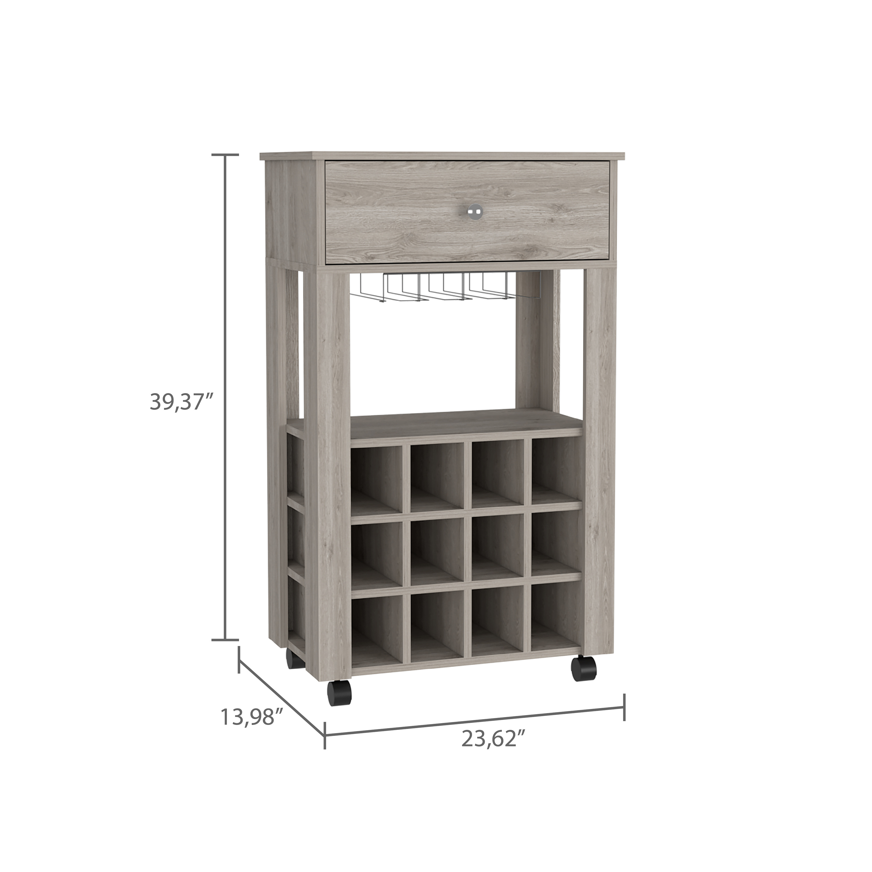 Memphis Bar Cart, Twelve Built-in Wine Rack, Four Legs, One Open Shelf -Light Gray